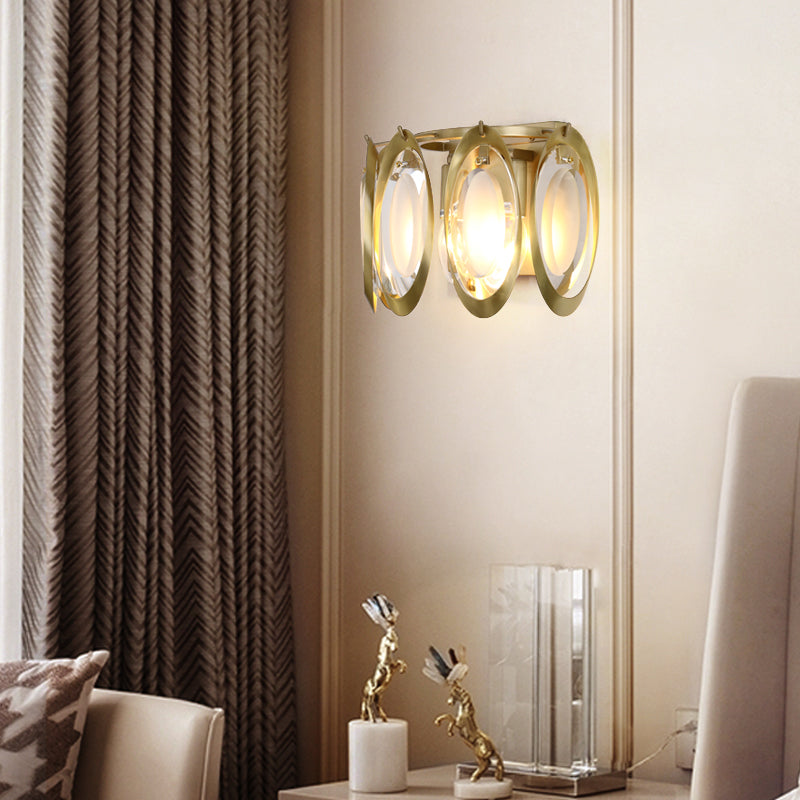 Gold Oval Shonce Light Contemporary 2 luces cortadas con luz de pared de cristal para sala de estar