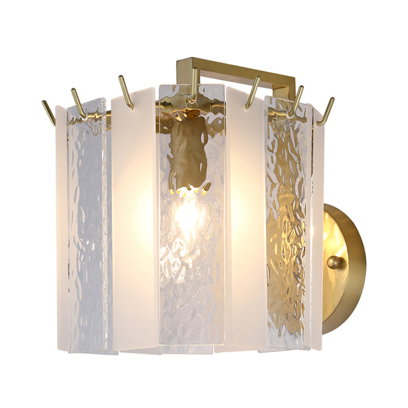 Drum Wall Sconce Light Contemporary Frosted Glass and Waterglass 1 Light Gold Wall Light Fixture