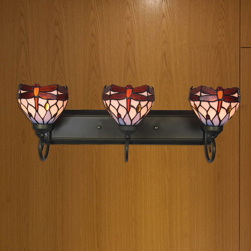 3 Lights Dragonfly Wall Lighting Stained Glass Lodge Vanity Light in Antique Brass for Bathroom