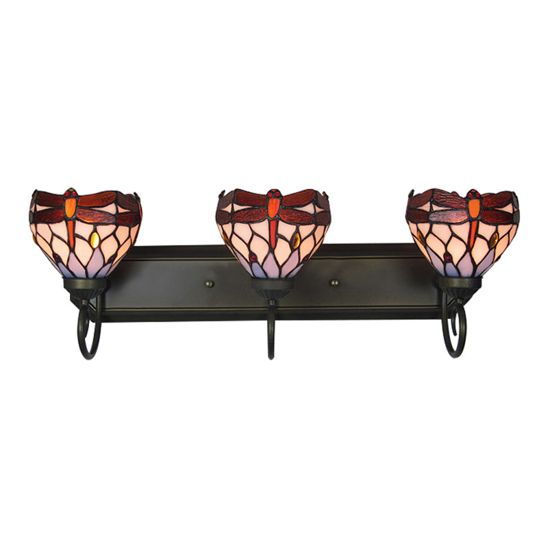 3 Lights Dragonfly Wall Lighting Stained Glass Lodge Vanity Light in Antique Brass for Bathroom