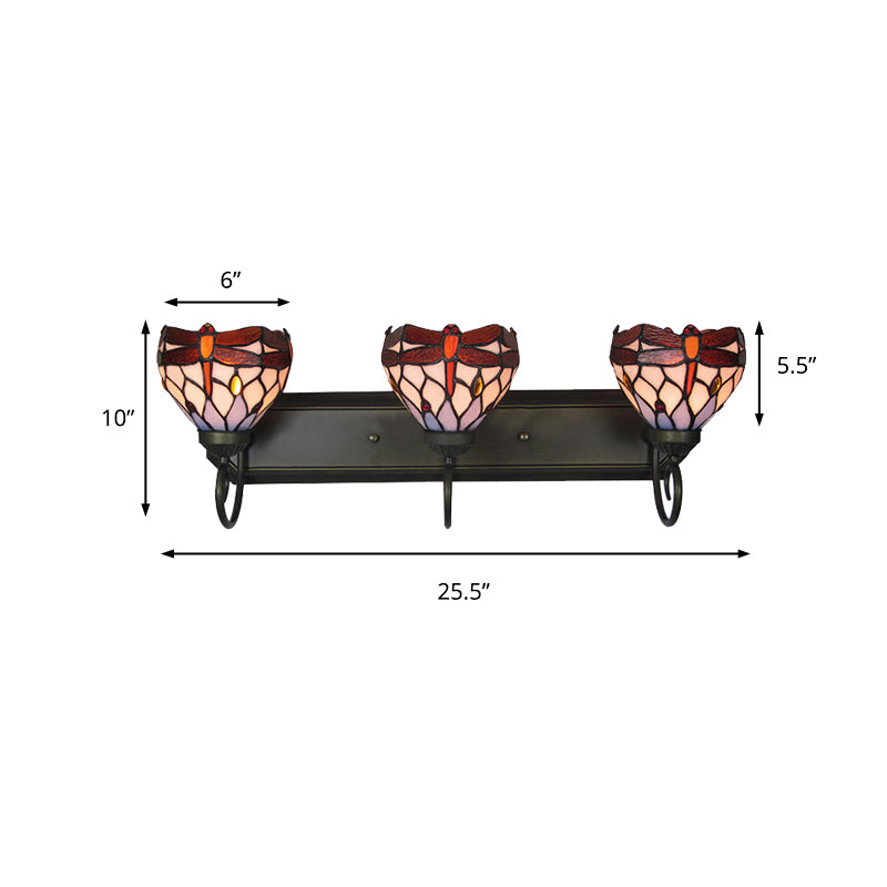 3 Lights Dragonfly Wall Lighting Stained Glass Lodge Vanity Light in Antique Brass for Bathroom