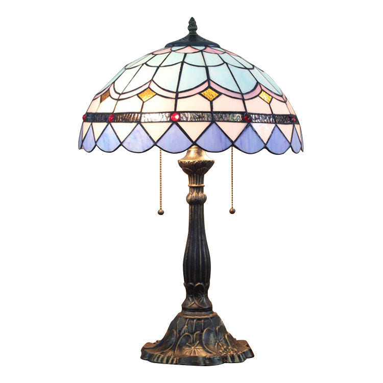 Barokke stijl Dome/Bowl leeslicht 1 licht gebrandschilderd glazen tafelverlichting met metalen basis in blauw
