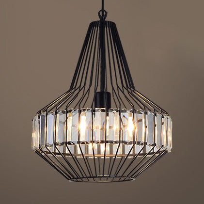 Crystal Block Pendant Ceiling Light Black Geometric Metal Cage Pendant Light