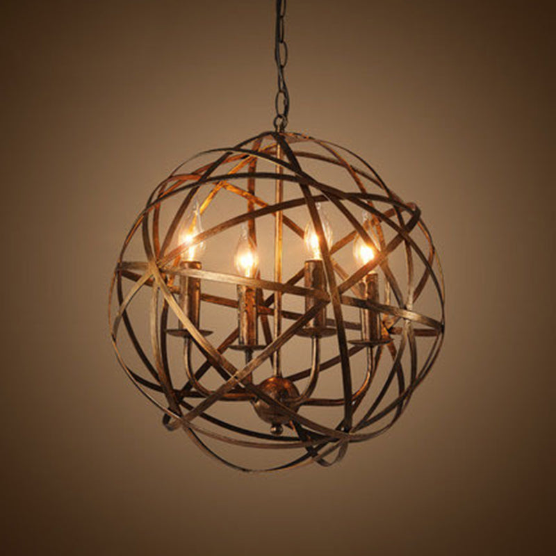 Round Cage Chandelier Light Fixture Retro Industrial Style 4 Lights Metal Pendant Lighting