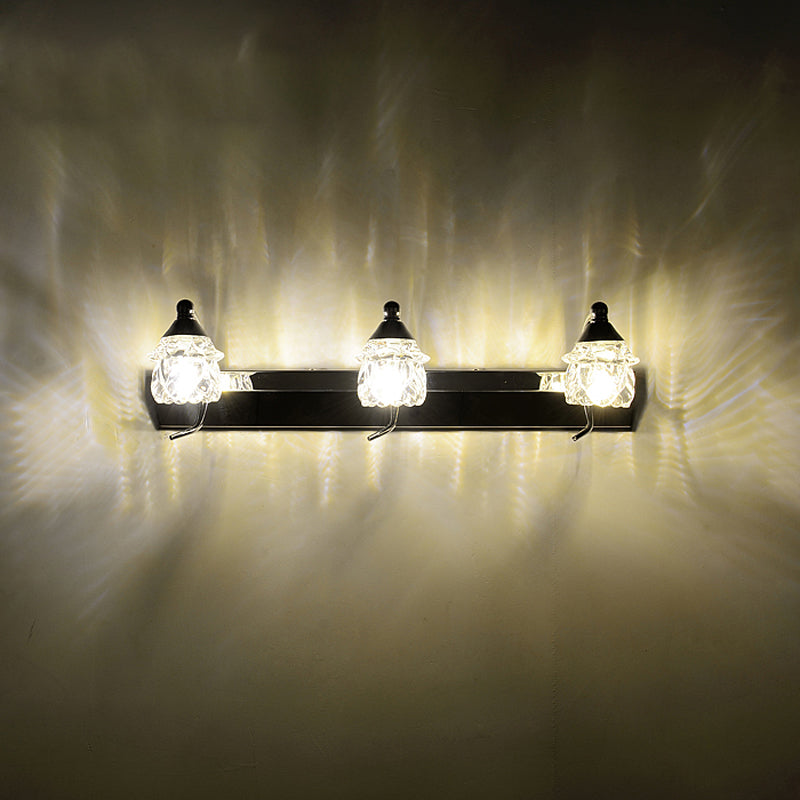 Moderner Pilz -Wagestellspiegel Licht klares Kristall 3 Lichter Badezimmer Wandlampe mit gebogenem Arm in Silber, warmem/weißem Licht