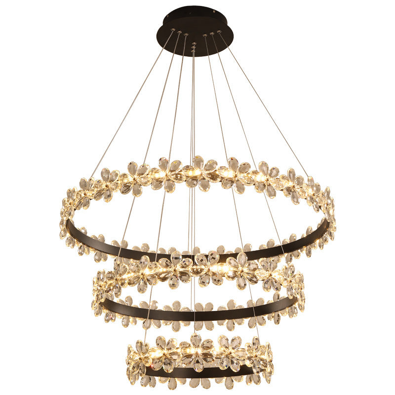 Ultra-modern Circle Hanging Chandelier Clear Crystal Hanging Lamp with Flower Decoration for Restaurant