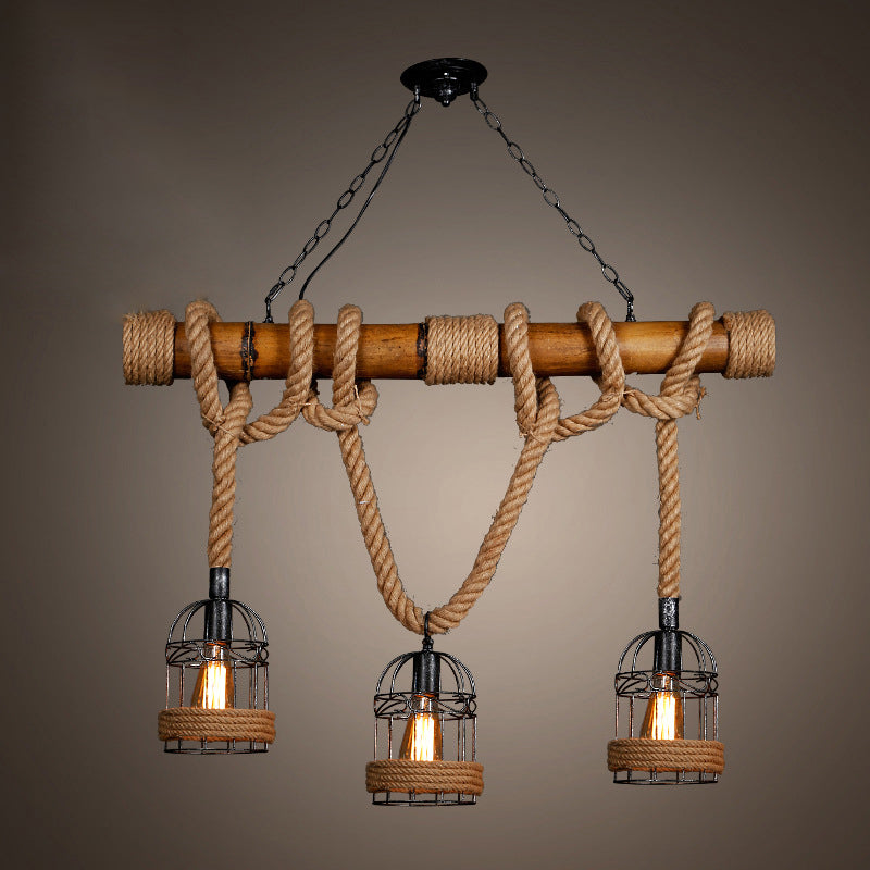 Linear Bamboo Island Lighting Rustic Style Bar Chandelier Light Fixture in Beige