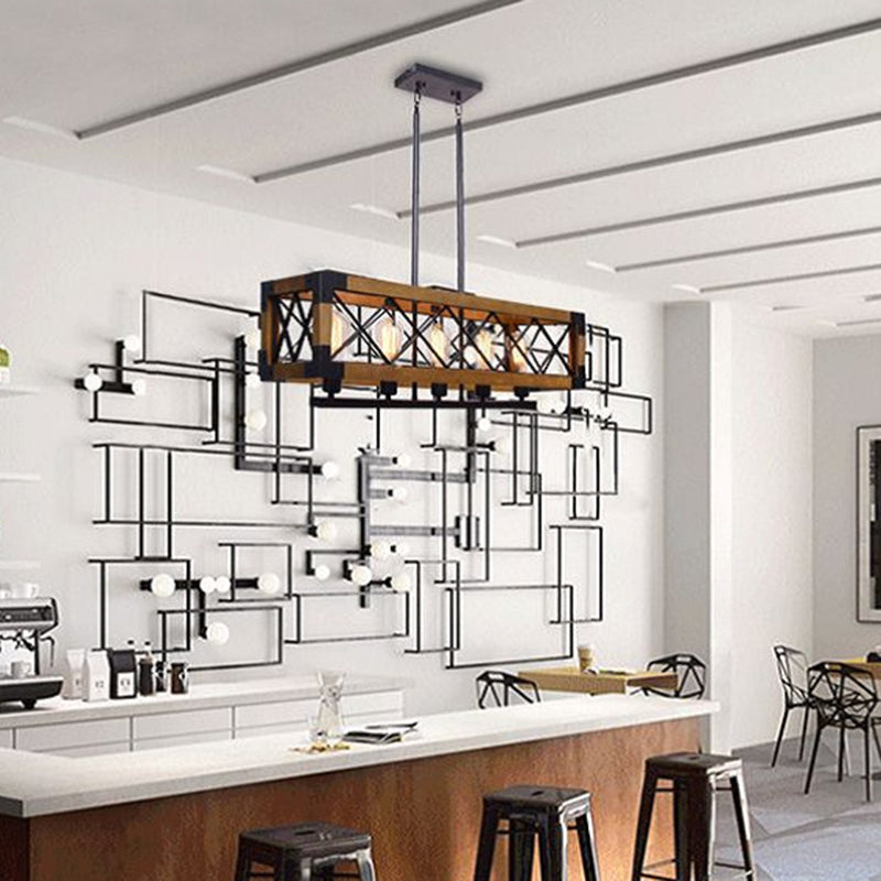 Wood Rectangular Island Chandelier Light Industrial Living Room Hanging Lamp in Beige