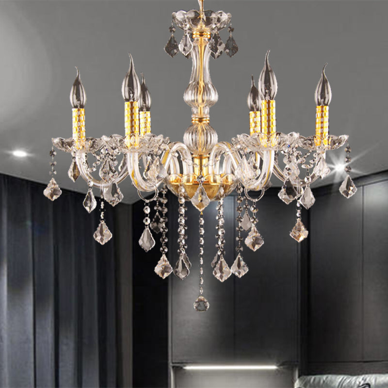 Candle Crystal Orb Chandelier Light Traditional 6 Heads Dining Room Hanging Ceiling Light in Gold