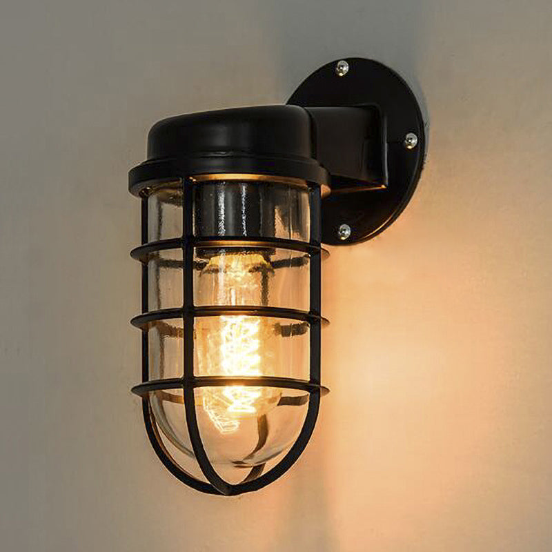 Clear Glass Black/White/Rust Sconce Light Cylinder 1-Light Traditional Wall Lamp Fixture for Porch with Caged