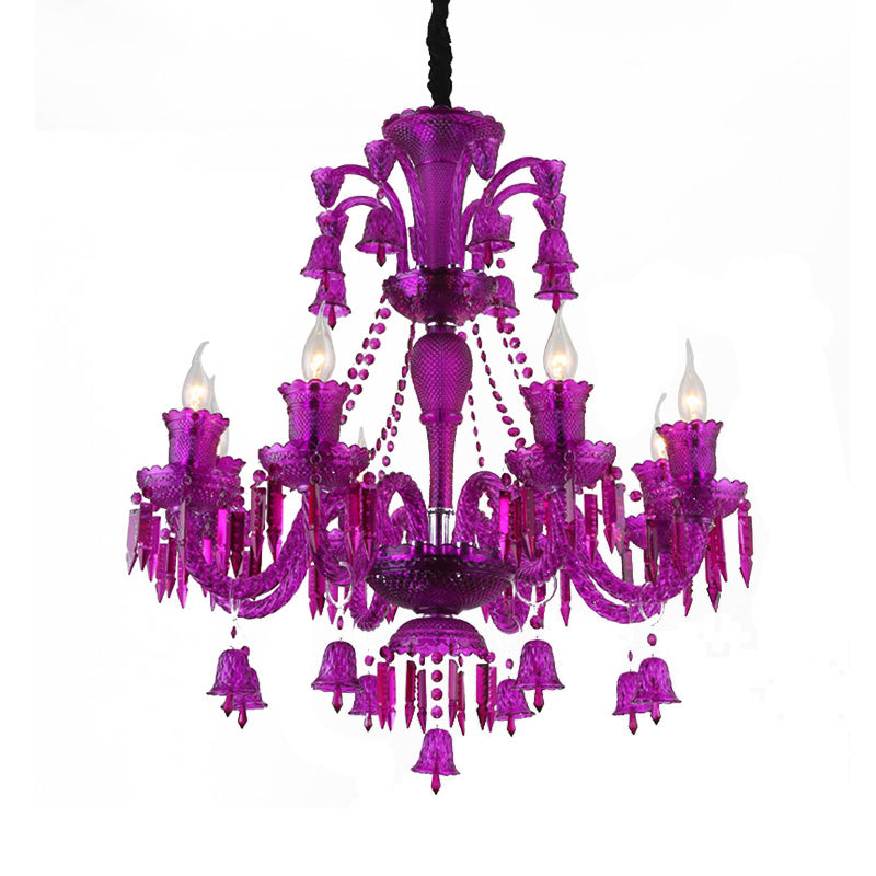 8 Lights Crystal Hanging Lamp Traditional Red/Blue/Purple Candelabra Living Room Chandelier Light