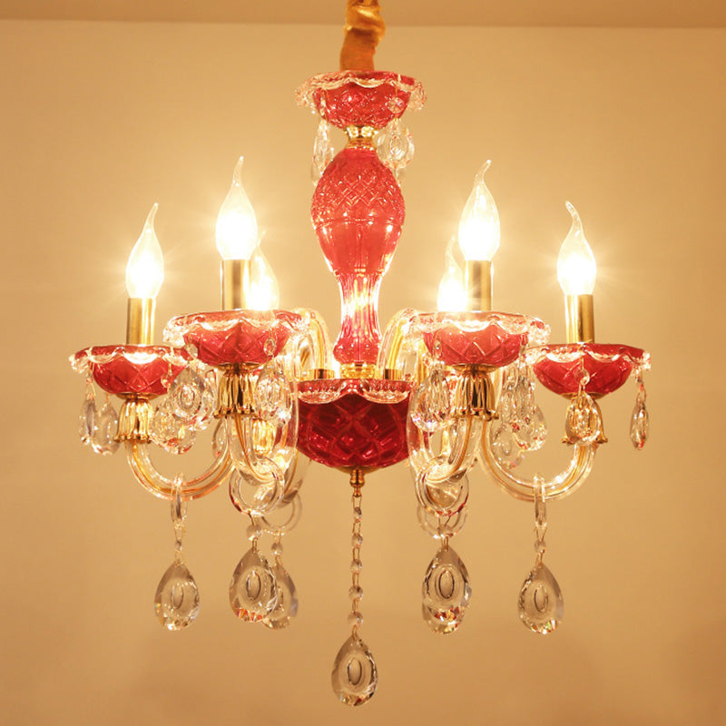 Candle Restaurant Hanging Lamp Kit Traditional Crystal Drip 6/8 Lights Red Chandelier Lighting