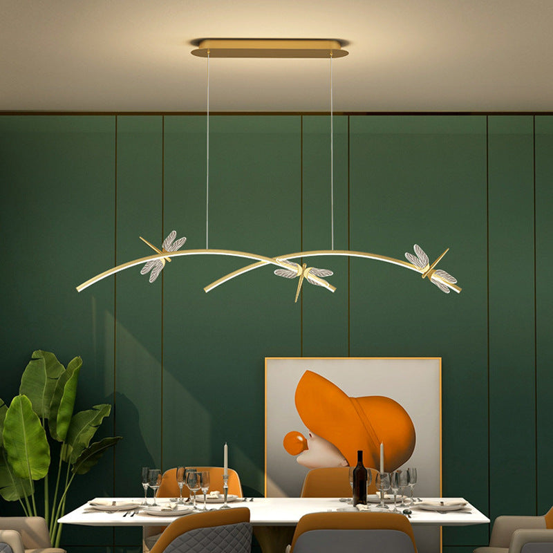 Curve Linear LED Island Pendant Minimalist Metal Restaurant Ceiling Light with Dragonfly Decor
