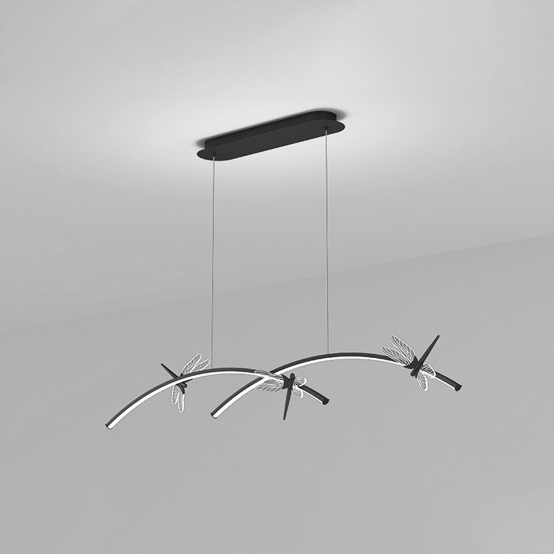 Curve Linear LED Island Pendant Minimalist Metal Restaurant Ceiling Light with Dragonfly Decor