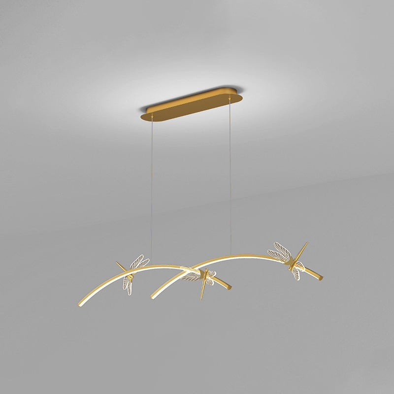 Curve Linear LED Island Pendant Minimalist Metal Restaurant Ceiling Light with Dragonfly Decor