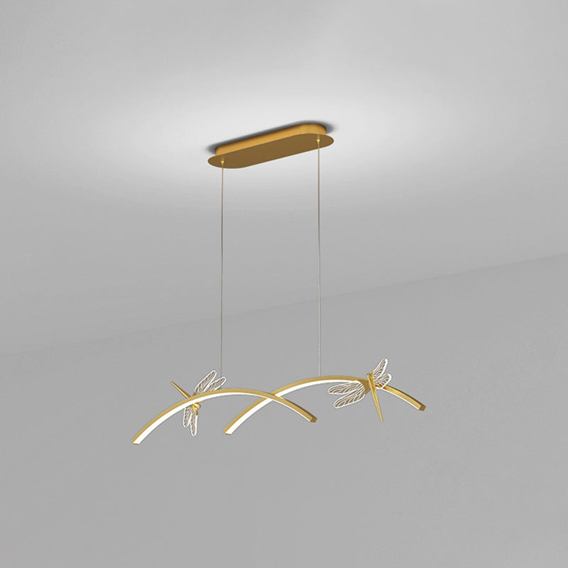 Curve Linear LED Island Pendant Minimalist Metal Restaurant Ceiling Light with Dragonfly Decor