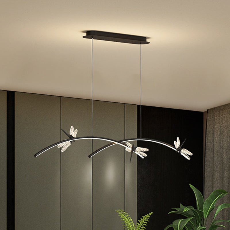 Curve Linear LED Island Pendant Minimalist Metal Restaurant Ceiling Light with Dragonfly Decor
