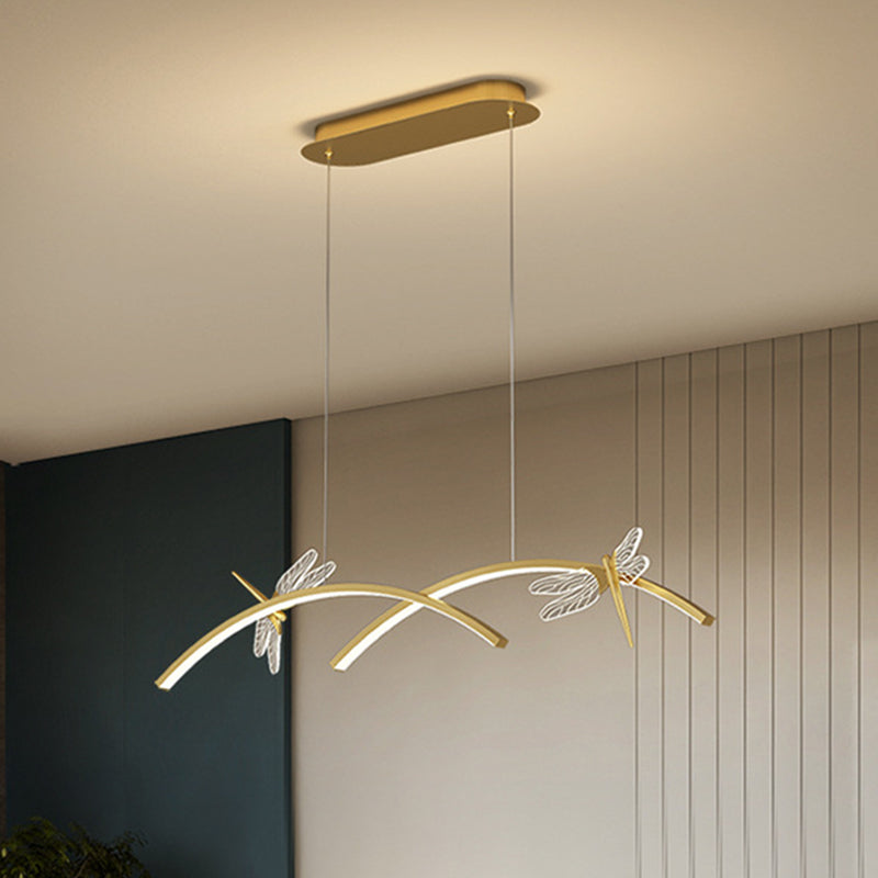 Curve Linear LED Island Pendant Minimalist Metal Restaurant Ceiling Light with Dragonfly Decor