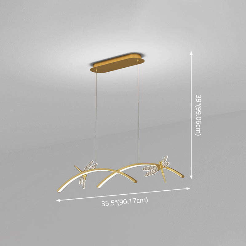 Curve Linear LED Island Pendant Minimalist Metal Restaurant Ceiling Light with Dragonfly Decor