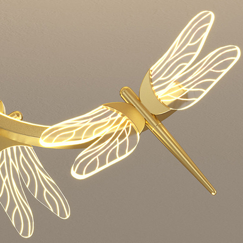 Curve Linear LED Island Pendant Minimalist Metal Restaurant Ceiling Light with Dragonfly Decor