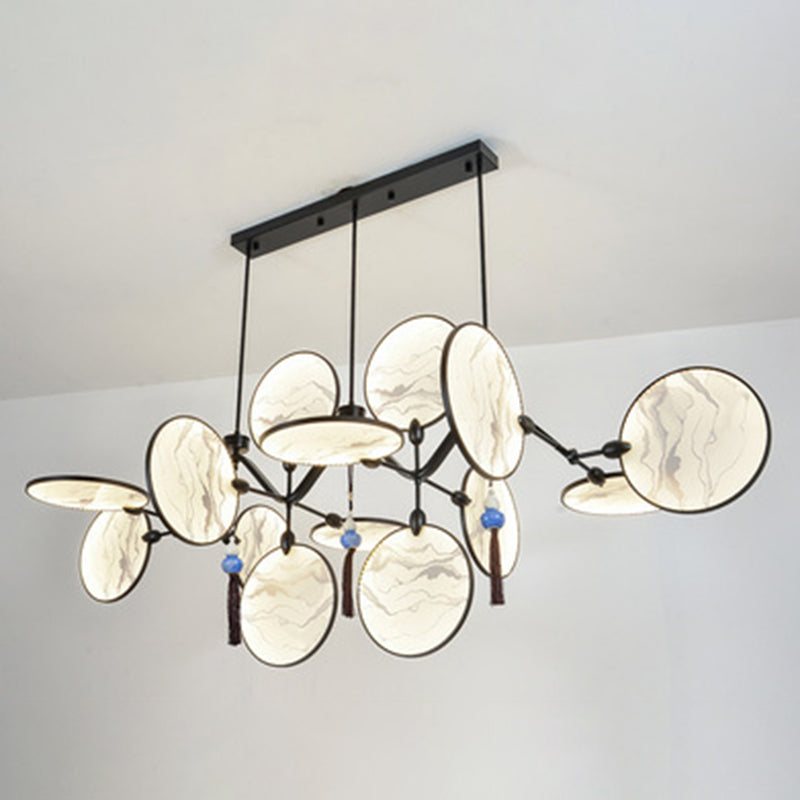 Circular Fan Shaped Island Lamp Modern Acrylic LED Tearoom Suspension Light with Landscape Print