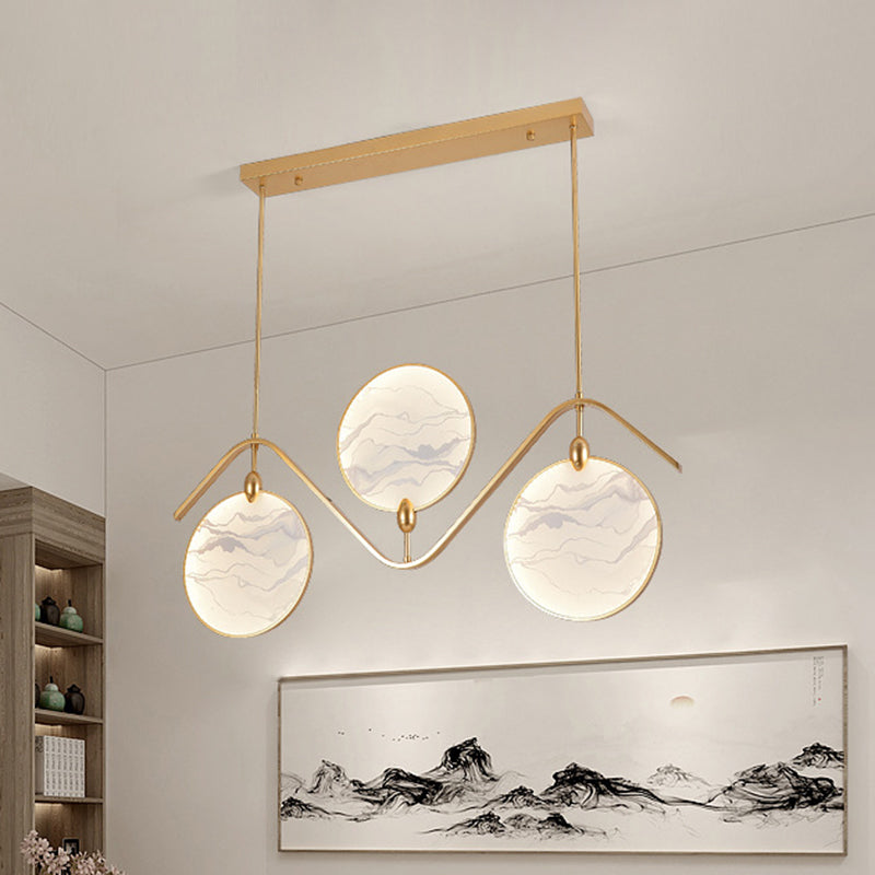 Circular Fan Shaped Island Lamp Modern Acrylic LED Tearoom Suspension Light with Landscape Print