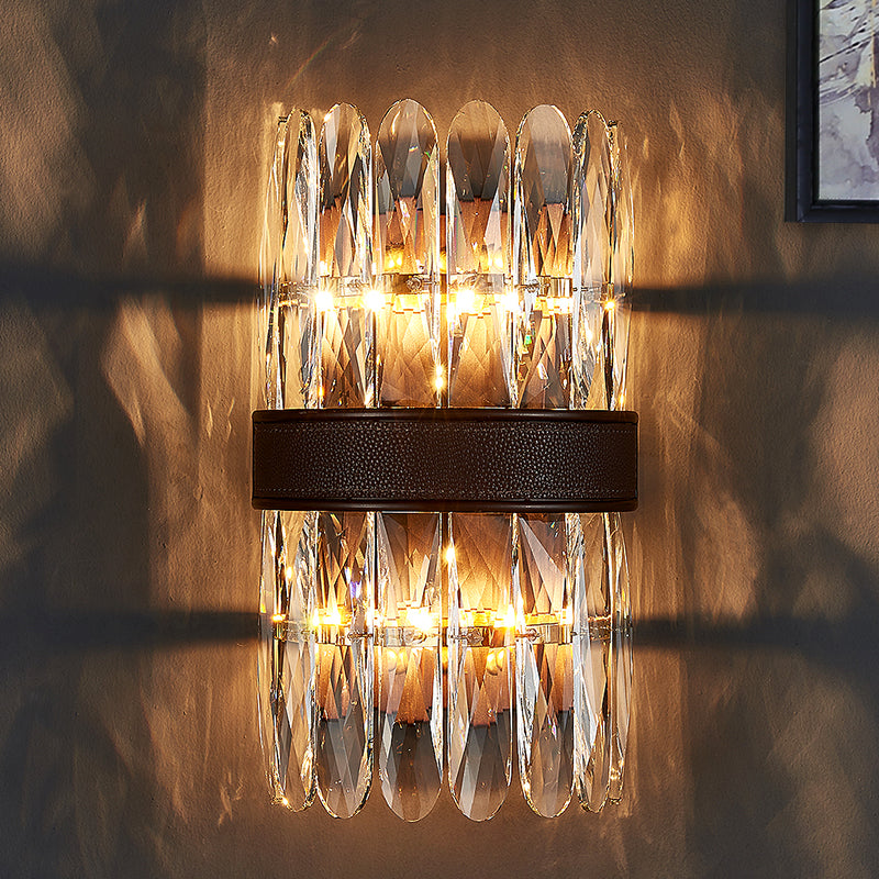 Crystal Block Cylinder Wall Lighting Fixture Modern 2/4 Lights Black Wall Sconce Light