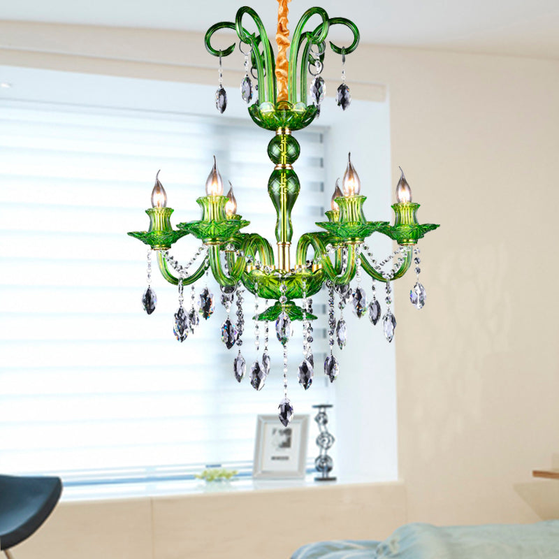 Candle Green Glass Chandelier Lamp Traditional 6 Heads Dining Room Hanging Ceiling Light with Crystal Drip Decoration