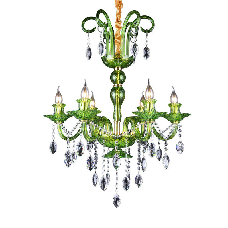 Candle Green Glass Chandelier Lamp Traditional 6 Heads Dining Room Hanging Ceiling Light with Crystal Drip Decoration