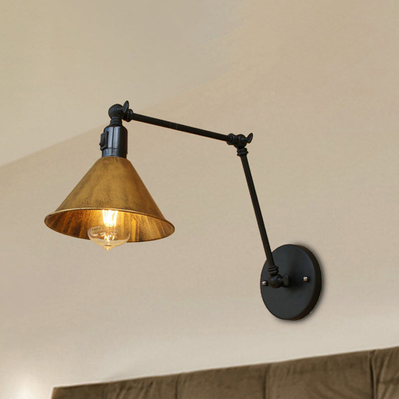 Swing Arm Bedroom Sconce Light Vintage Style Metallic 1 Head Aged Brass Wall Lamp with Cone Shade