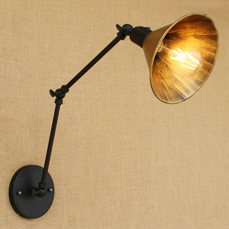 Swing Arm Bedroom Sconce Light Vintage Style Metallic 1 Head Aged Brass Wall Lamp with Cone Shade