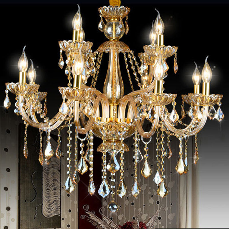 6 Heads Gold Glass Hanging Ceiling Light Traditional Candle Living Room Chandelier Lighting with Crystal Drop