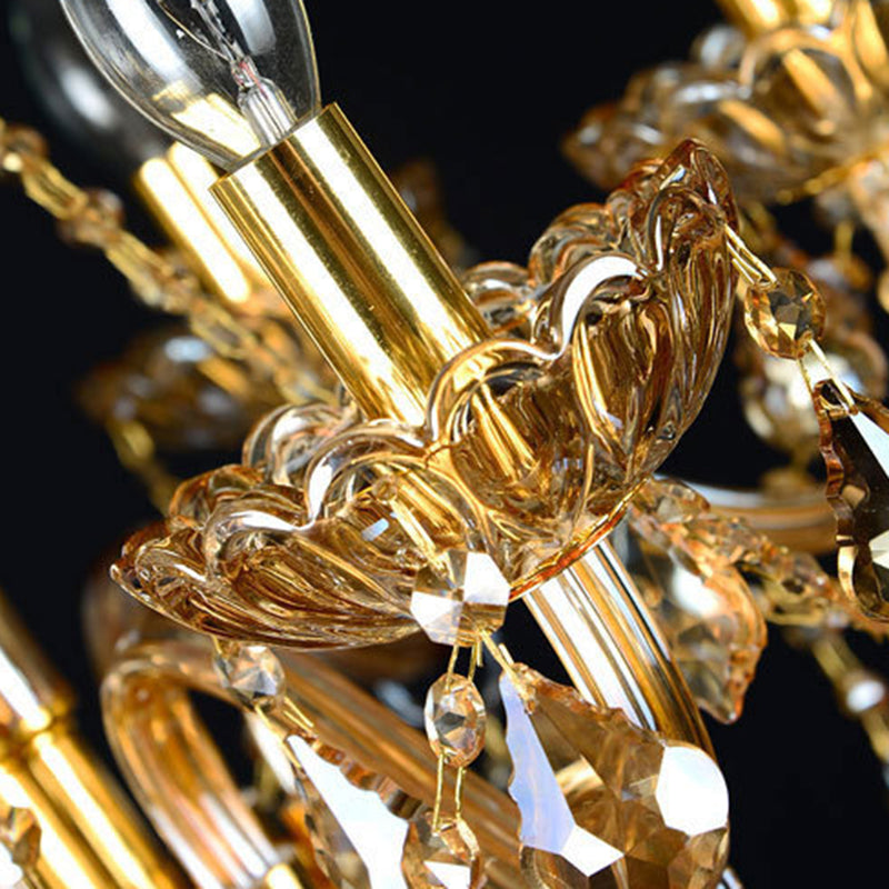 6 Heads Gold Glass Hanging Ceiling Light Traditional Candle Living Room Chandelier Lighting with Crystal Drop