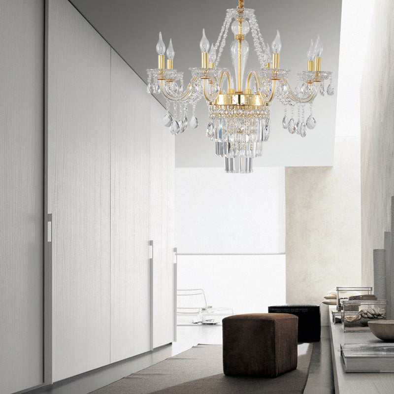 Candle Living Room Chandelier Lighting Traditional Clear Crystal 6 Lights Chrome/Gold Hanging Lamp