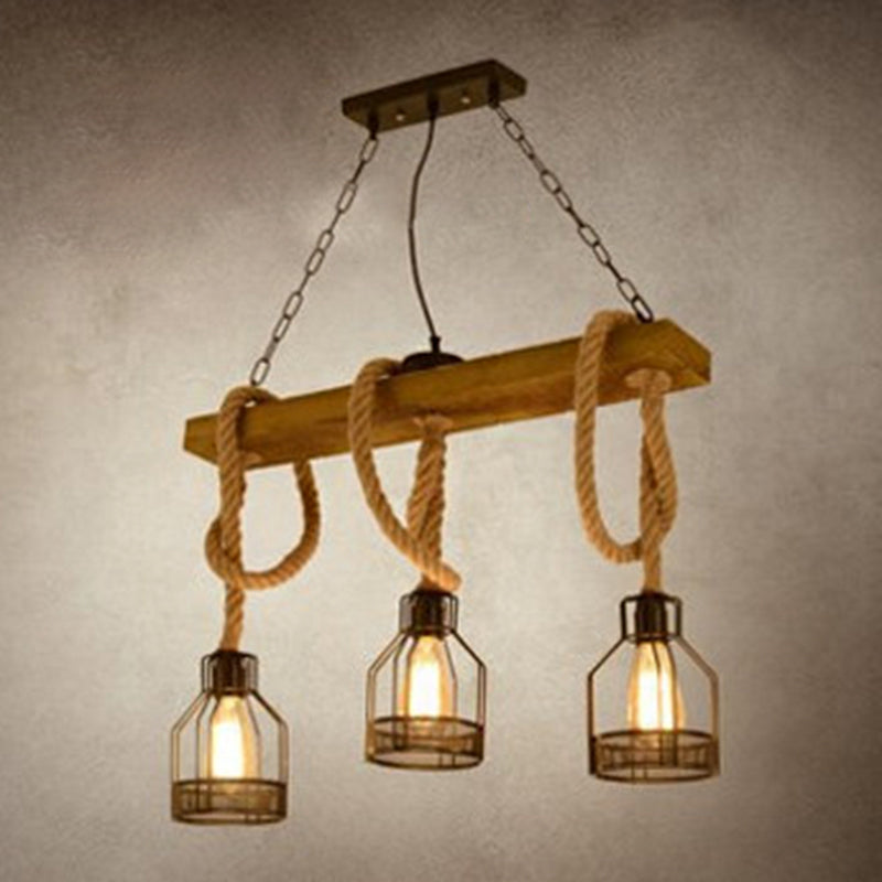 Island Lighting Fixture Vintage  Style Linear Wood Hanging Pendant Light in Black