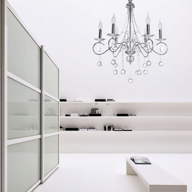 Ligera de la sala de estar de velas Iluminación de metal tradicional 6 cabezas de plata colgando luz con decoración de la bola de cristal