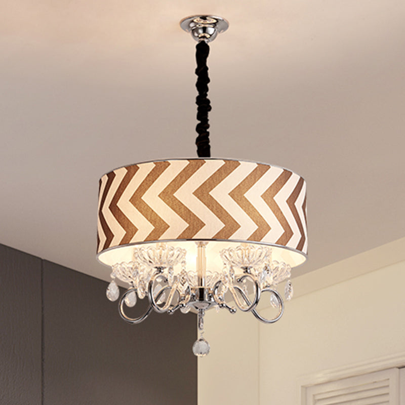 Drum Beige Fabric Chandelier Lamp Traditional 5 Heads Bedroom Hanging Light Fixture with Crystal Drop