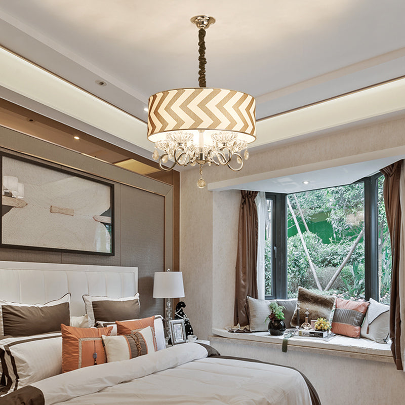Drum Beige Fabric Chandelier Lamp Traditional 5 Heads Bedroom Hanging Light Fixture with Crystal Drop