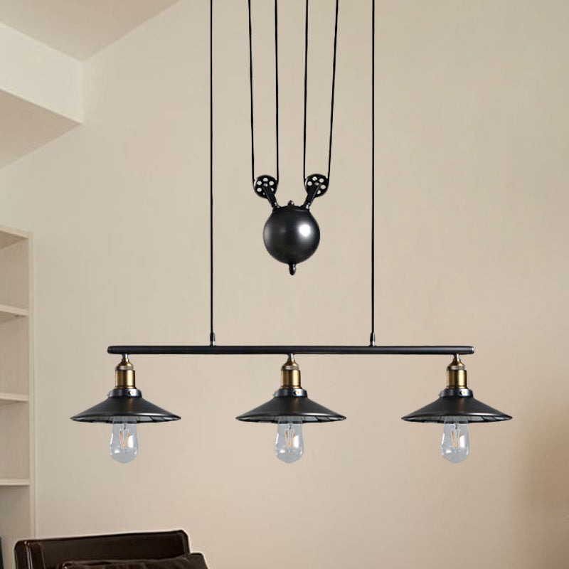 Saucer Foyer Island Lighting Industrial Style Metal 3 Lights Black Hanging Ceiling Light with Pulley