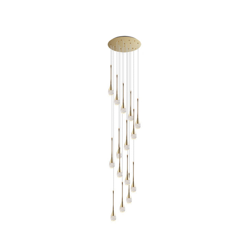Modern Brass Crystal Hanging Light Long LED Cone Cascade Pendant Lights for Stairwell