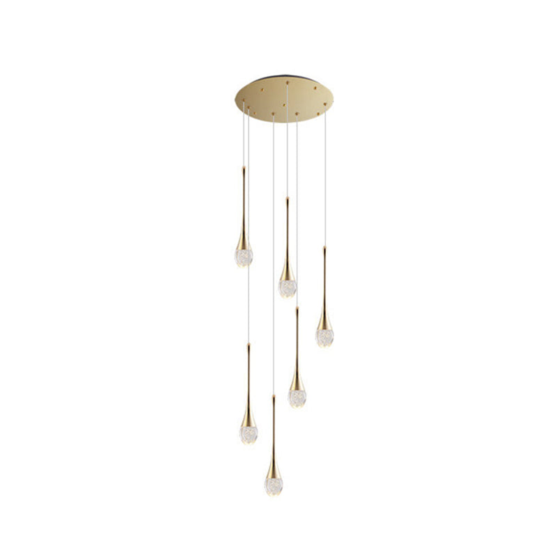Modern Brass Crystal Hanging Light Long LED Cone Cascade Pendant Lights for Stairwell