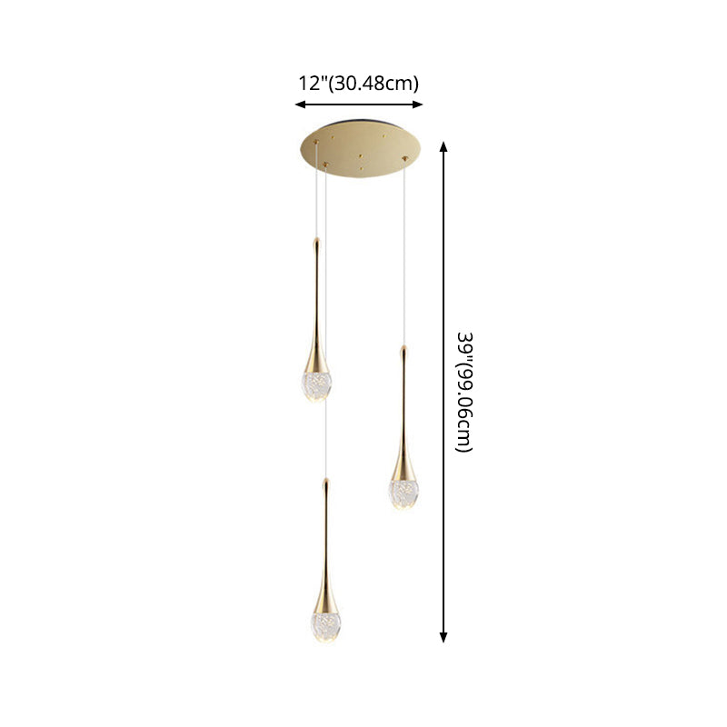 Modern Brass Crystal Hanging Light Long LED Cone Cascade Pendant Lights for Stairwell