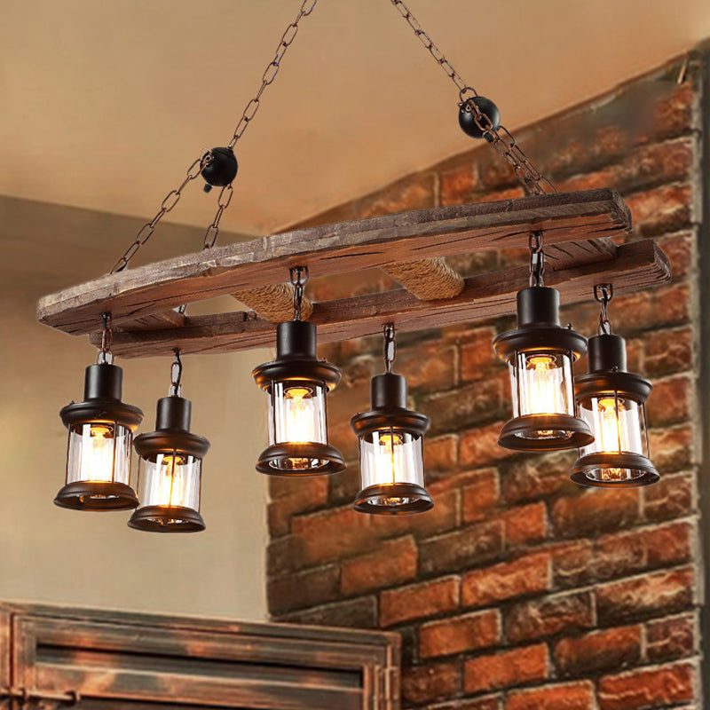 Clear Glass Black Island Pendant Lantern 6-Light Rustic Hanging Light Kit with Wooden Board