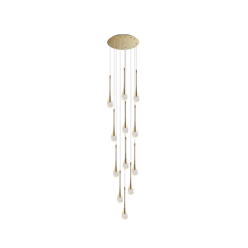 Modern Brass Crystal Hanging Light Long LED Cone Cascade Pendant Lights for Stairwell