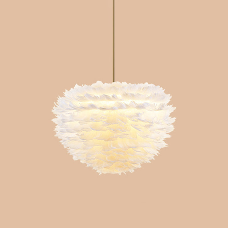 Contemporary Globe Feather Chandelier Lamp Modern White Hand-Woven Feathers Hanging Pendant Light for Bedroom