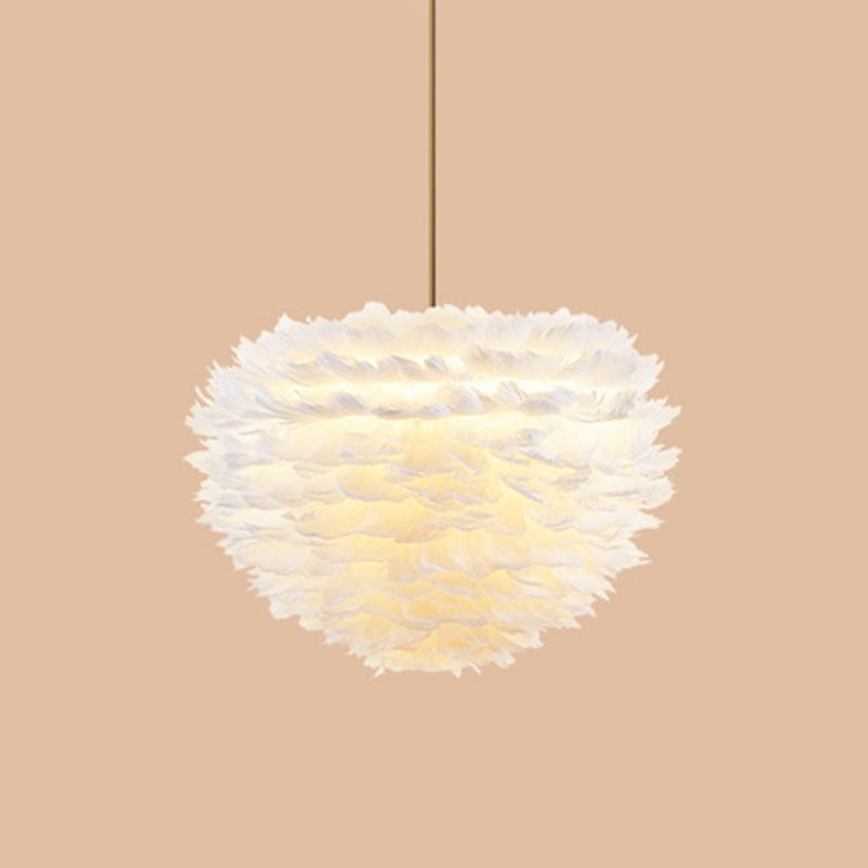 Contemporary Globe Feather Chandelier Lamp Modern White Hand-Woven Feathers Hanging Pendant Light for Bedroom