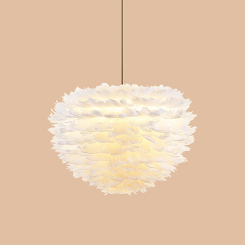 Contemporary Globe Feather Chandelier Lamp Modern White Hand-Woven Feathers Hanging Pendant Light for Bedroom