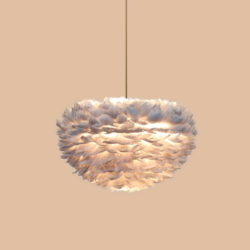 Contemporary Globe Feather Chandelier Lamp Modern White Hand-Woven Feathers Hanging Pendant Light for Bedroom