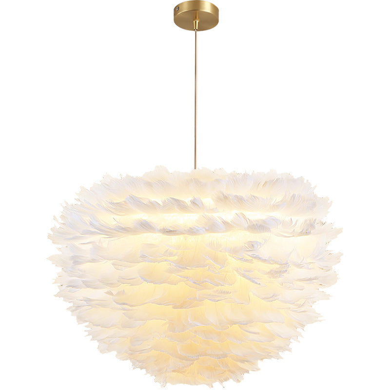 Contemporary Globe Feather Chandelier Lamp Modern White Hand-Woven Feathers Hanging Pendant Light for Bedroom