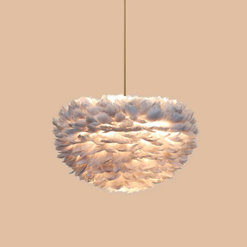 Contemporary Globe Feather Chandelier Lamp Modern White Hand-Woven Feathers Hanging Pendant Light for Bedroom